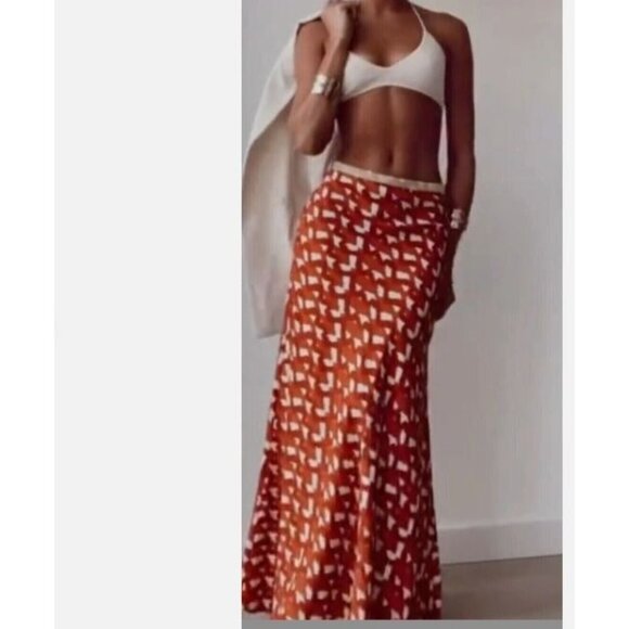 Zara Dresses & Skirts - Zara Terracotta and Cream Printed Maxi Skirt With Beaded Waistband, M